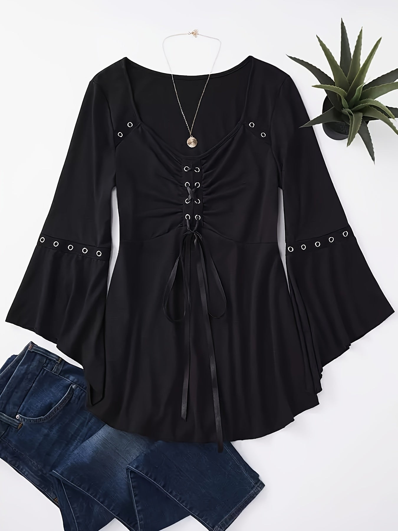 Plus Size Grommet Eyelet Lace Up Top, Casual V Neck 3/4 Sleeve Top, Women's Plus Size Clothing