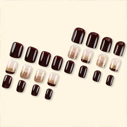 24pcs Set Glossy Short Square Press-On Nails In Brown & Golden Stripe Design - Chic Glitter Fake Nails For A Quick, Easy Manicure Nail Polish Nail Accessories