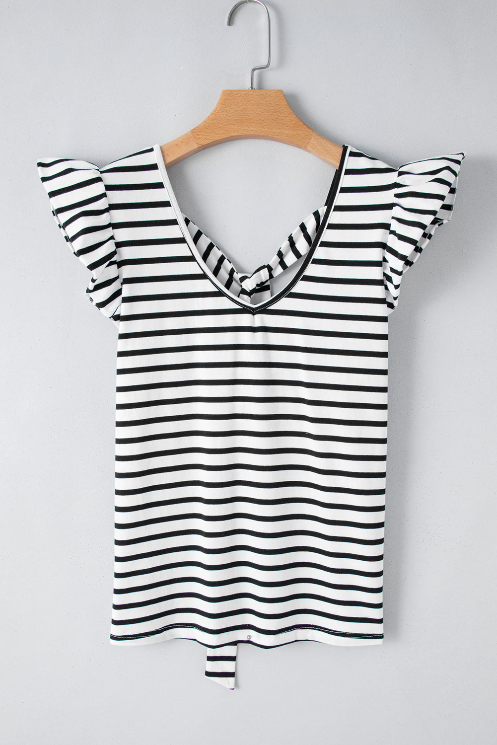 White Stripe Butterfly Sleeve V Neck Hollowed Knot Back T Shirt