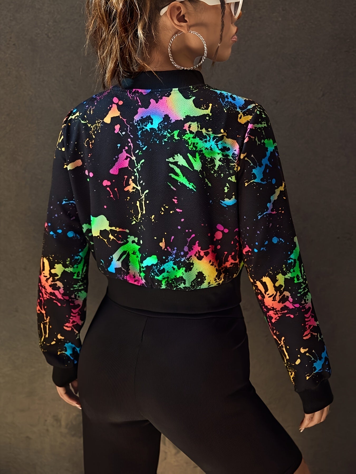 Graffiti Inkjet Zipper Bomber Jacket, Casual Long Sleeve Jacket For Spring & Fall, Women's Clothing