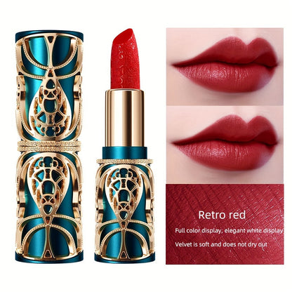 Retro Carved Lipstick, Velvet Matte Texture, Matte Makeup Effect, Color Rendering Long Lasting, Non Fade Non Stick Cup Retro Bright Red Lipstick Color Series