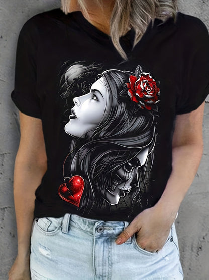 Gothic Rose & Skull Print T-Shirt for Women - Short Sleeve Top