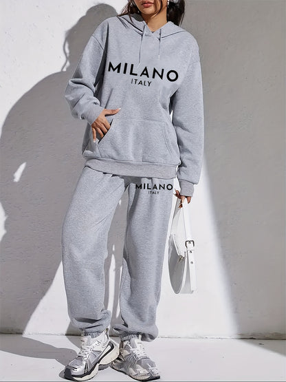 Women's Casual Trendy Hooded Tracksuit Set - Include Long Sleeve Sweatshirt And Sports Pants, Letter Print, Drawstring, Micro-Elastic, Sporty Style