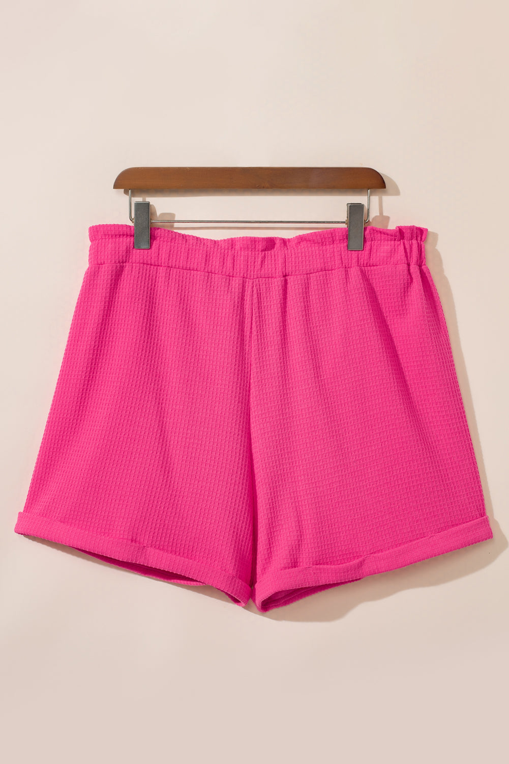 Bright Pink Plus Size Rolled Edge Ruffled Elastic Waist Textured Shorts