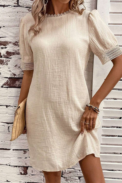 Beige Crinkle Lace Trim Puff Sleeve Shift Mini Dress