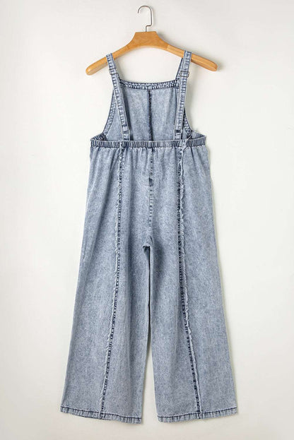 Beau Blue Light Wash Frayed Exposed Seam Wide Leg Denim Overall