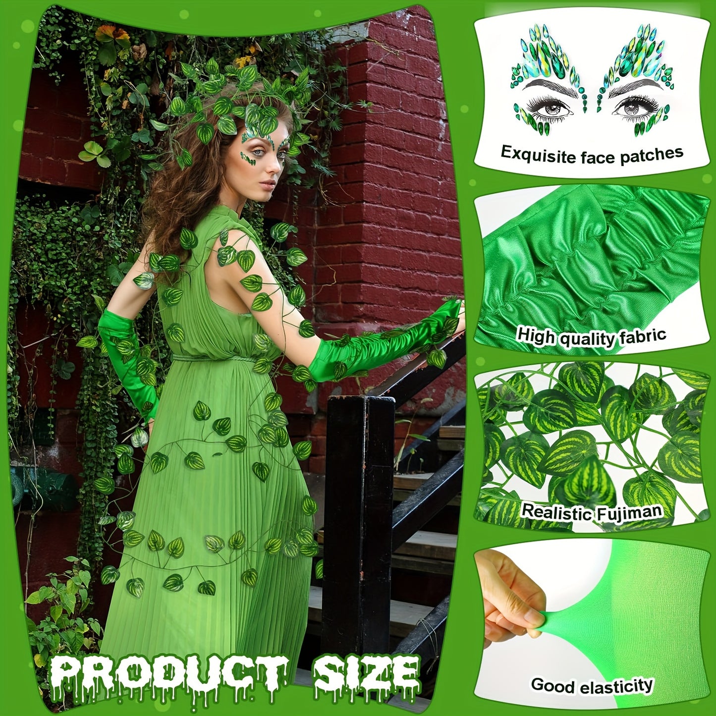 Funky Green Cosplay Costume Set for Women: Includes Halloween Face Tattoo, 3 Artificial Green Vines, and Elbow-Length Long Gloves for Festive Parties