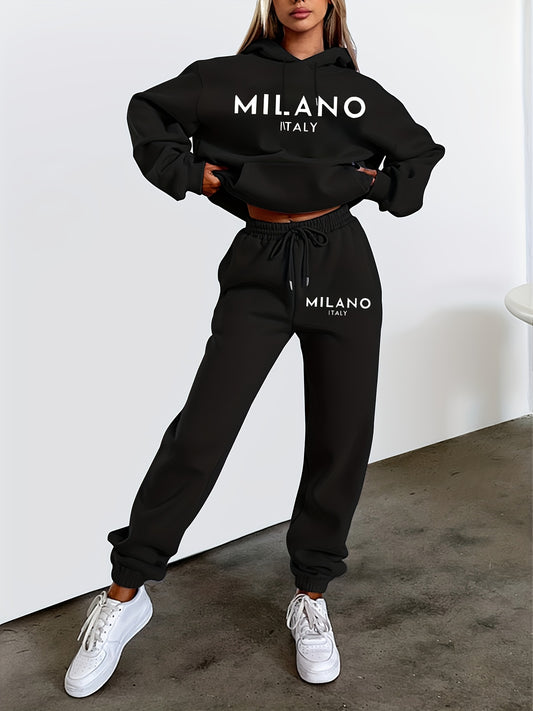 Women's Casual Trendy Hooded Tracksuit Set - Include Long Sleeve Sweatshirt And Sports Pants, Letter Print, Drawstring, Micro-Elastic, Sporty Style