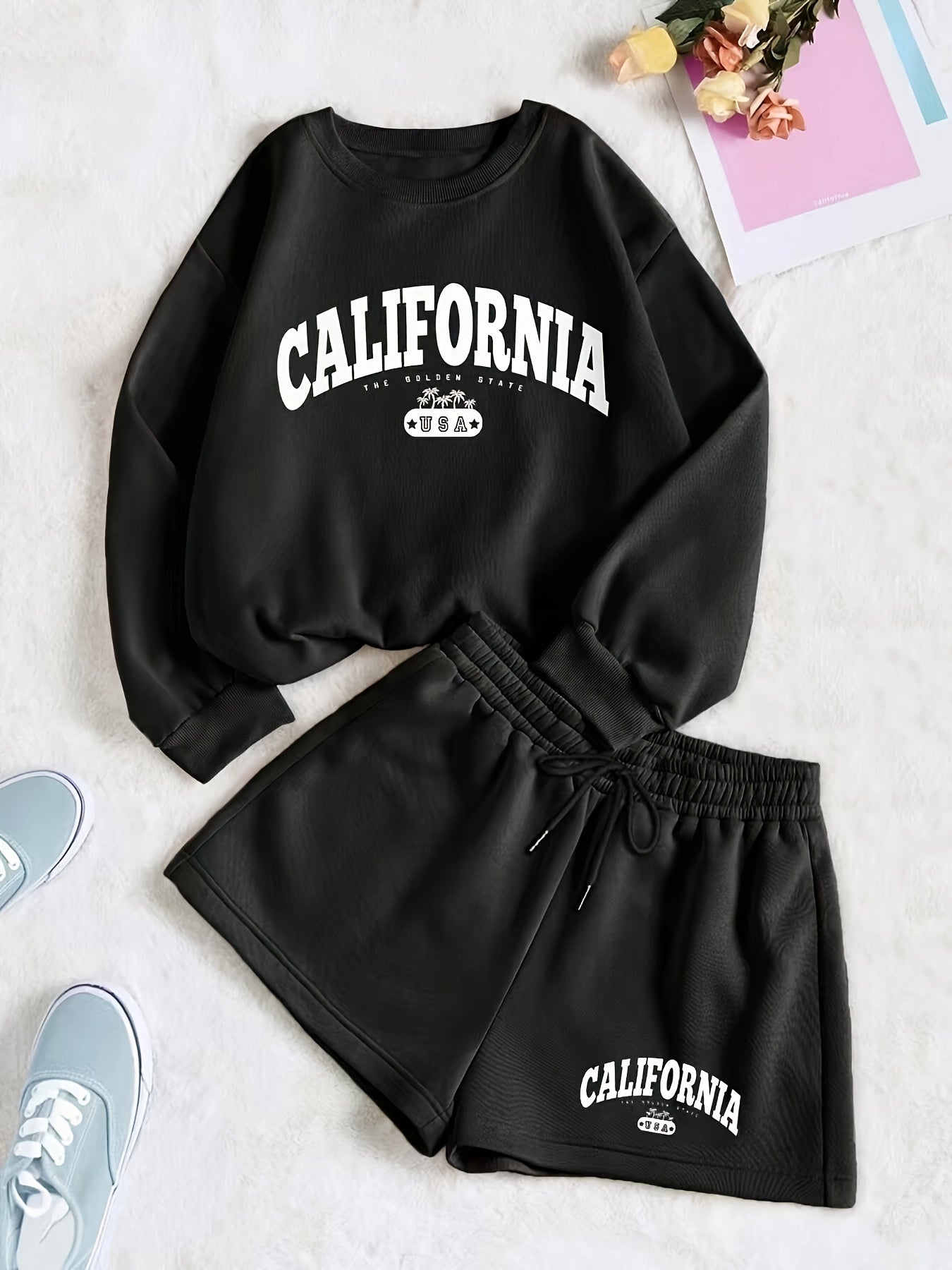 Women's Crew Neck "California" Graphic Sweatshirt and Drawstring Waist Shorts Set, Casual Sporty Loungewear Outfit