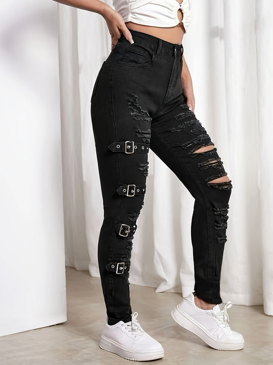 Women's Stretchy Fashionable Distressed Skinny Jeans With Buckle Detail, Casual Style, Black Color Plain Denim Pants