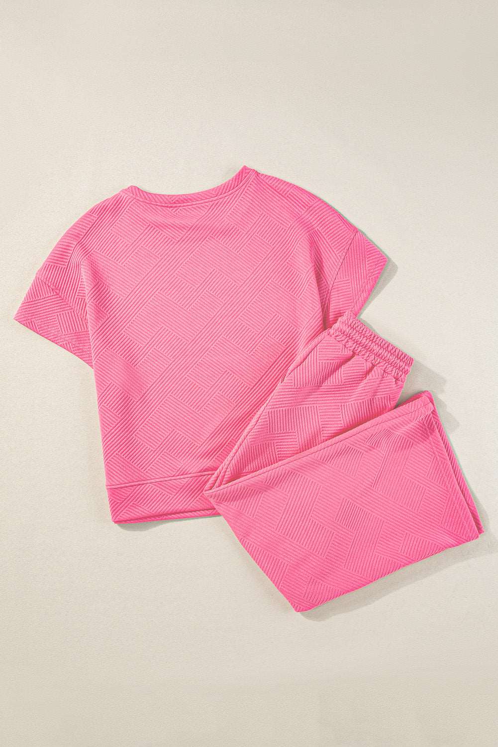 Strawberry Pink Textured Loose Fit T Shirt and Drawstring Pants Set