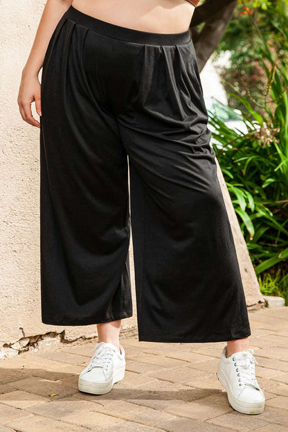 Black Plus Size Crop T-Shirt and Pleated Wide Leg Pants Set