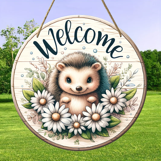 Charming Hedgehog Welcome Sign - 20.07cm Round Wooden Wall Decor For Home, Garden, Bar & More - Vintage Style Farmhouse Accent