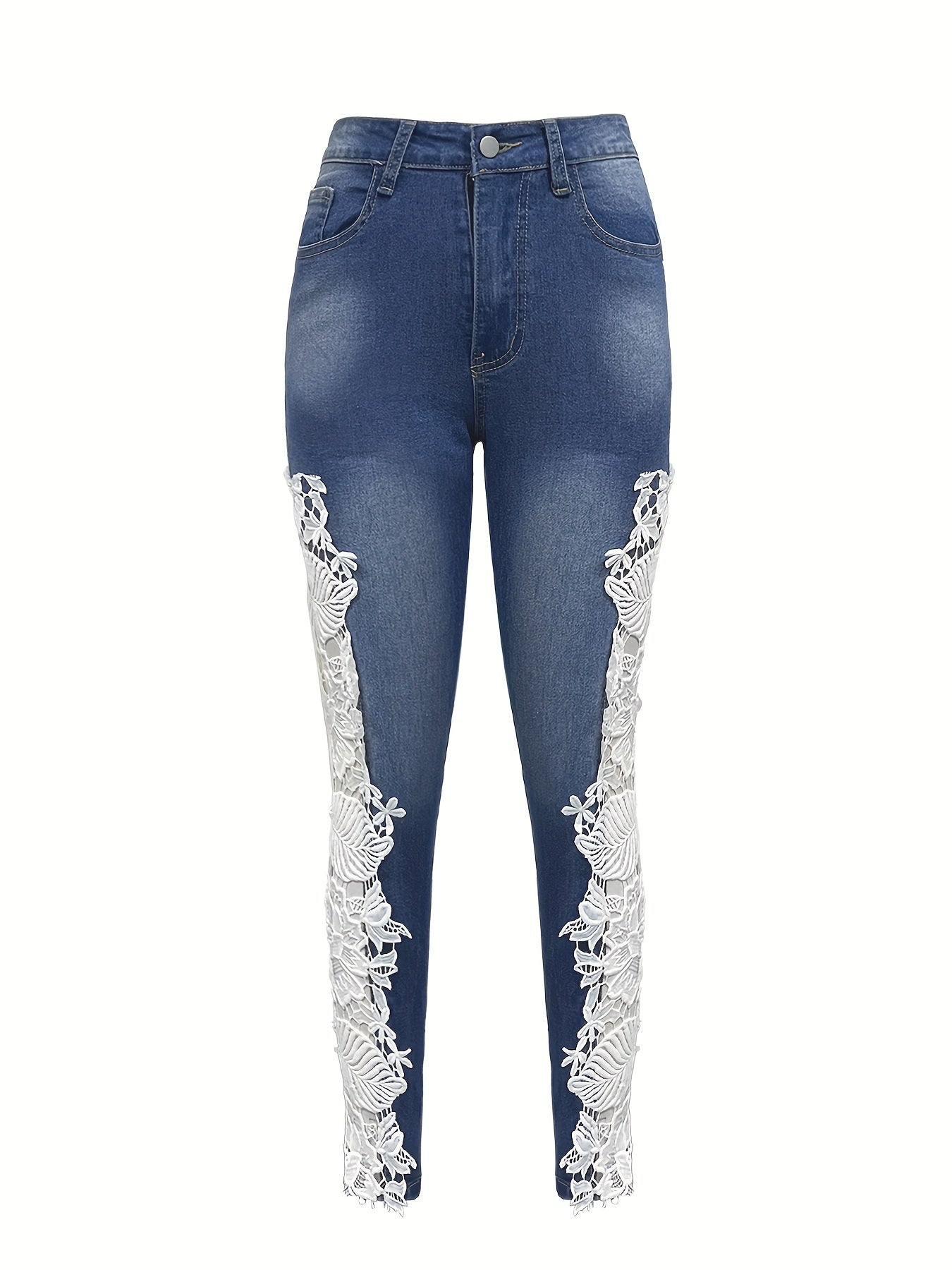 Hollow Out Lace Contrast Jeans, Elegant Fairy Core Skinny Fit Denim Pants, Women's Denim Jeans & Clothing