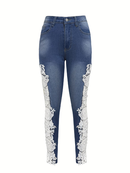 Hollow Out Lace Contrast Jeans, Elegant Fairy Core Skinny Fit Denim Pants, Women's Denim Jeans & Clothing