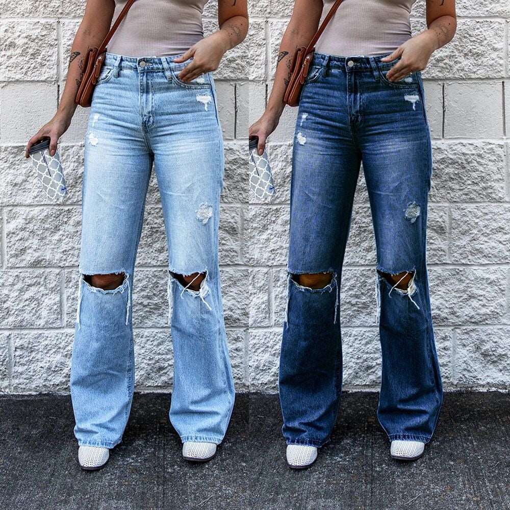 Women's High Waist Vintage Ripped Boot Cut Jeans Street Casual Slim Denim Flared Pants