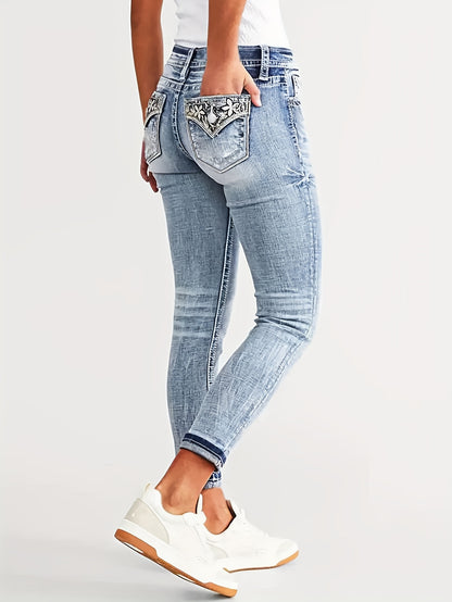 Light Blue Rolled Trim Tight Jeans, Slant Pocket Washed Streetwear Casual Denim Pants, Women's Denim Jeans & Clothing