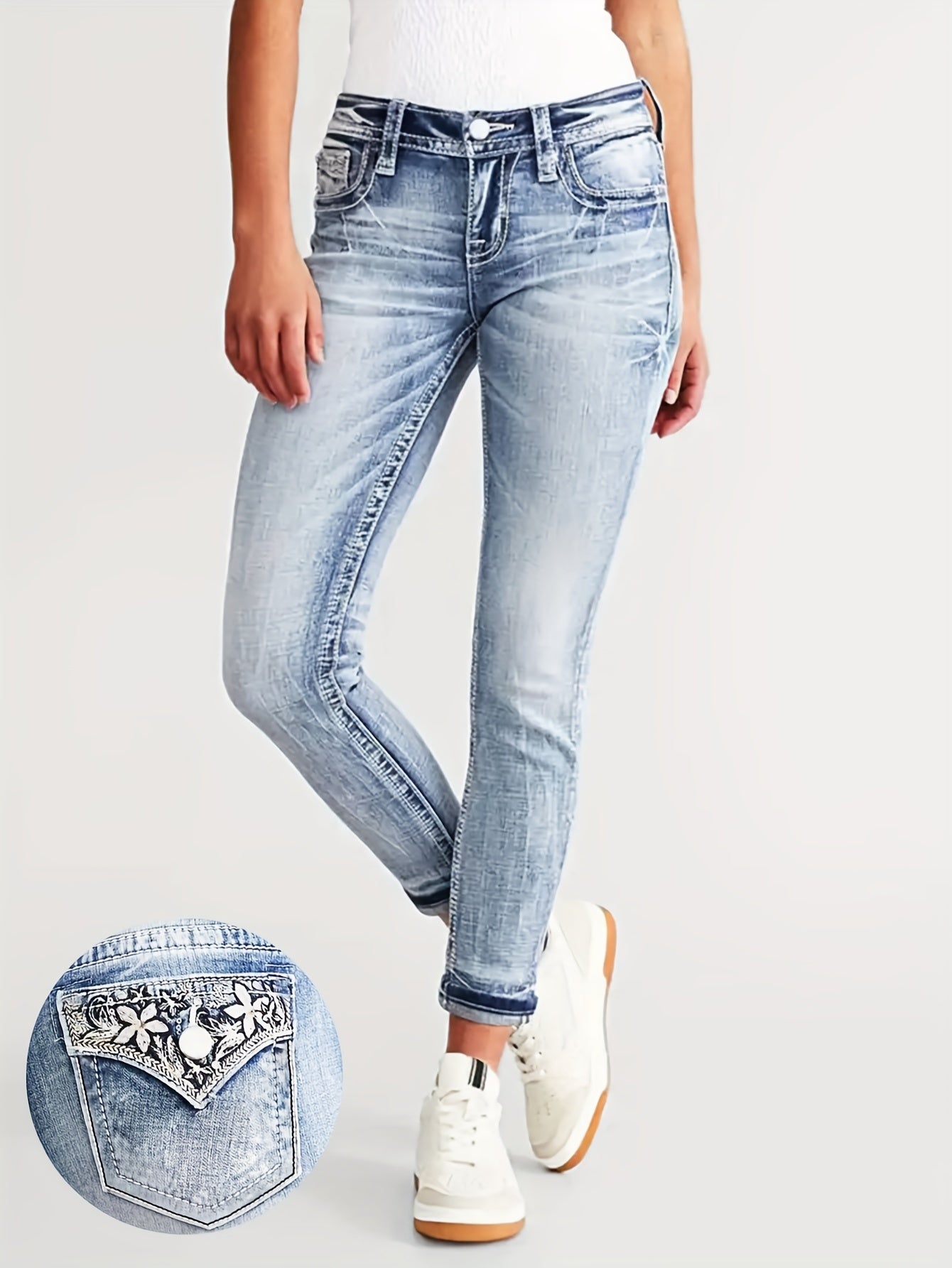 Light Blue Rolled Trim Tight Jeans, Slant Pocket Washed Streetwear Casual Denim Pants, Women's Denim Jeans & Clothing