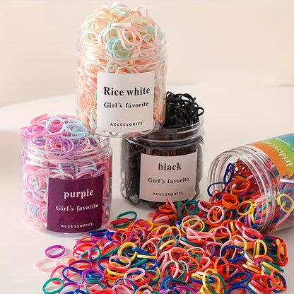 1000pcs Colorful Disposable Rubber Bands Set - Sweet & Simple Hair Styling Essentials for Women, Casual Leisure Use - Includes Rice White, Purple, Black Containers with "Girls' Favorite" Labels, Rubber Bands for Hair