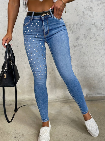 Blue Faux Pearl Decor Skinny Jeans, Studded Slim Fit Slight Stretch Tight Jeans, Women's Denim Jeans & Clothing