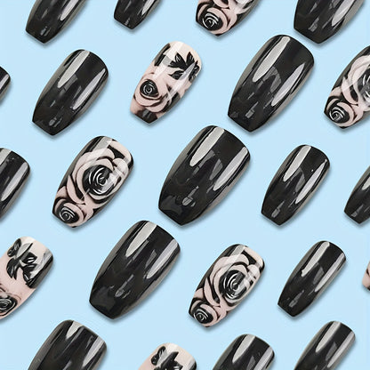 24 Pcs Black Ballet Press-On Nails, Short Glossy Flower Pattern Fake Nail Set, Elegant French Style Reusable Manicure Tips