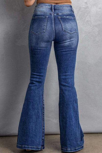 Dark Blue Plus Size Stitching Washed Flare Jeans