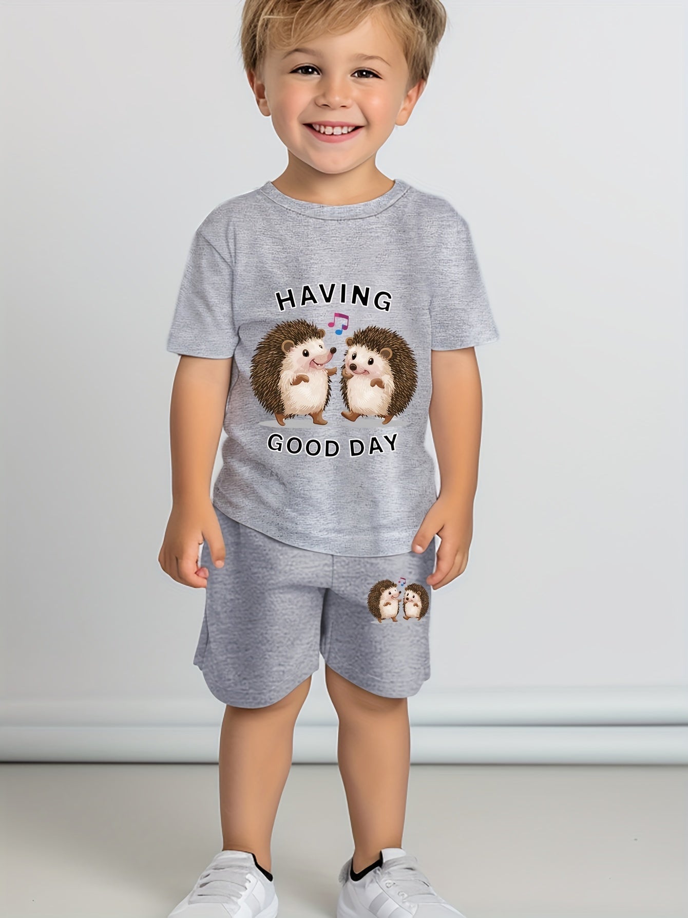 2pcs - Casual Comfy Cute Boys' Summer Set - Letters & Cute Hedgehog Print Short Sleeve Crew Neck T-shirt + Shorts Set Trendy Gift