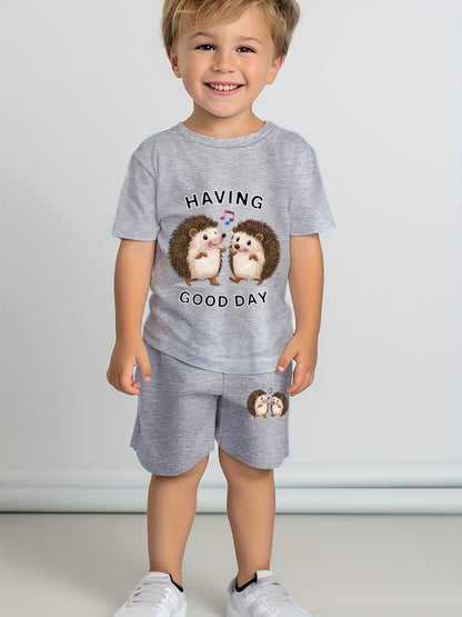 2pcs - Casual Comfy Cute Boys' Summer Set - Letters & Cute Hedgehog Print Short Sleeve Crew Neck T-shirt + Shorts Set Trendy Gift