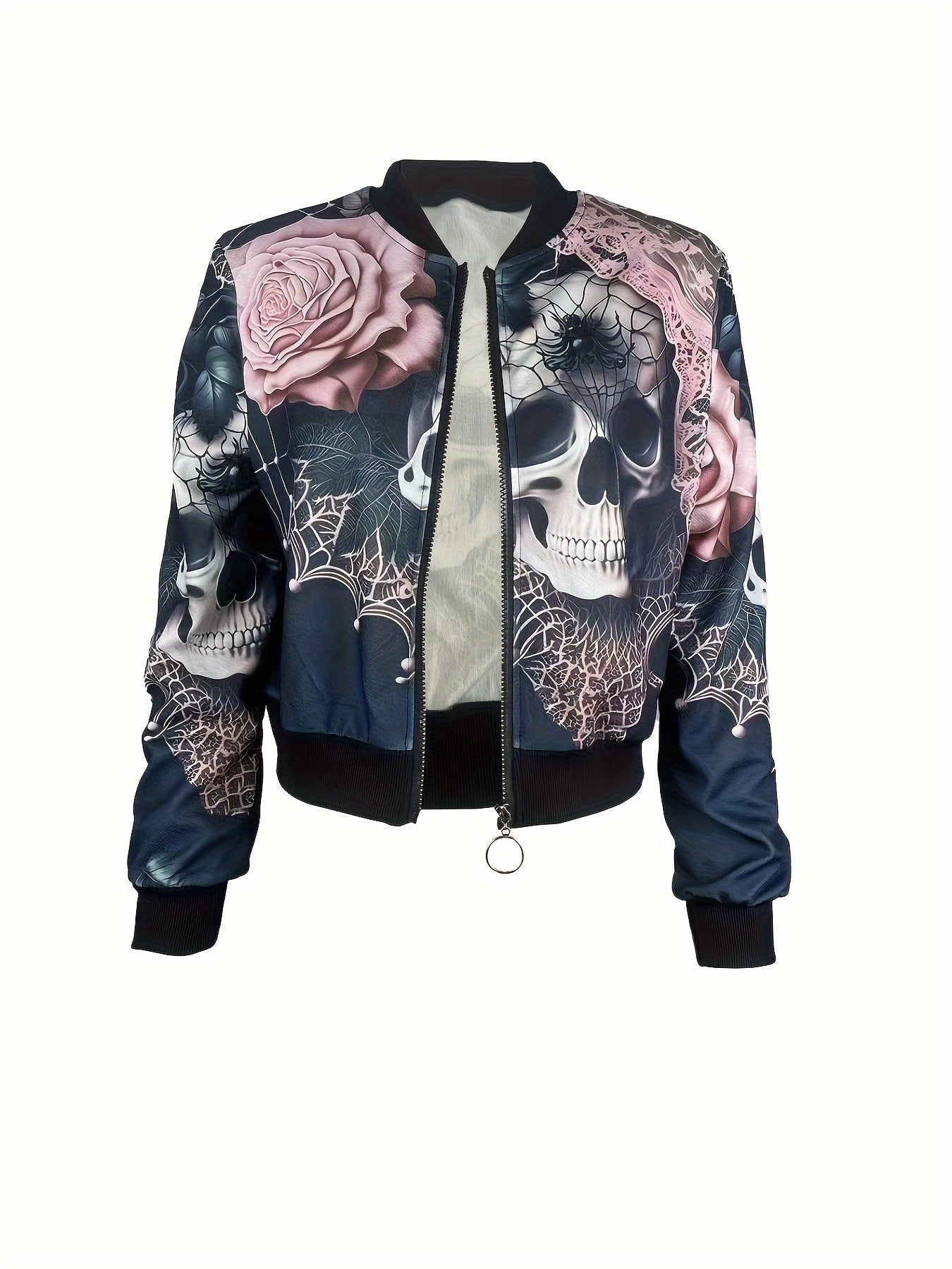 Skull Print Zip-up Crop Jacket, Casual Long Sleeve Jacket For Spring & Fall, Women's Clothing