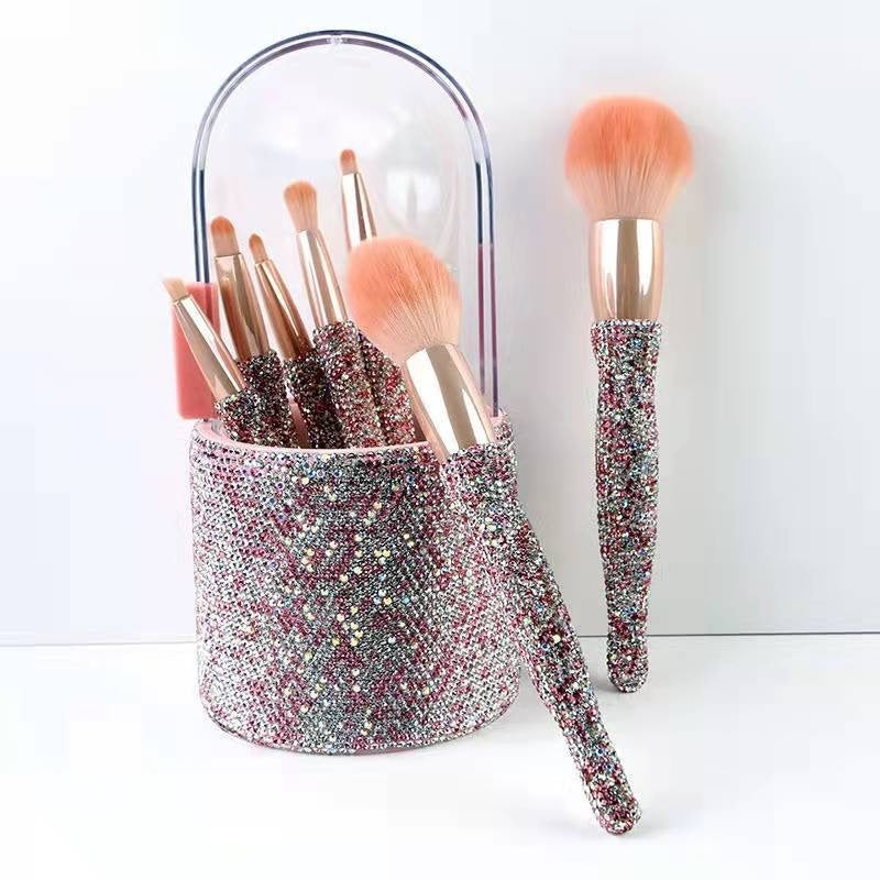 Glamorous Diamond-Embedded Makeup Brush Set - 8 Luxurious Brushes