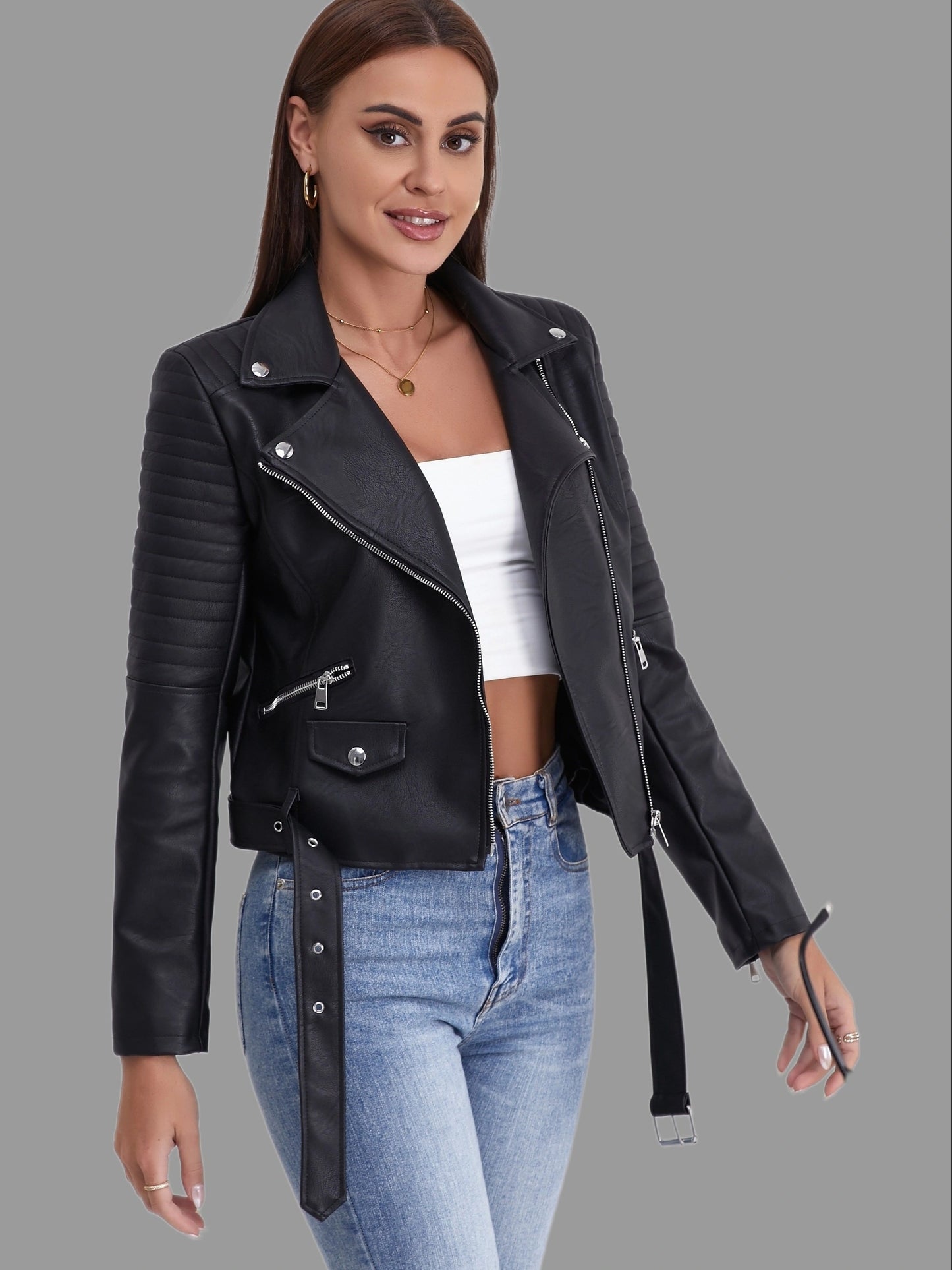 Premium Rugged Leather Womens Biker Jacket - Full-Length Zipper, Trendy Streetwear Style, Long Sleeve, Versatile Outerwear