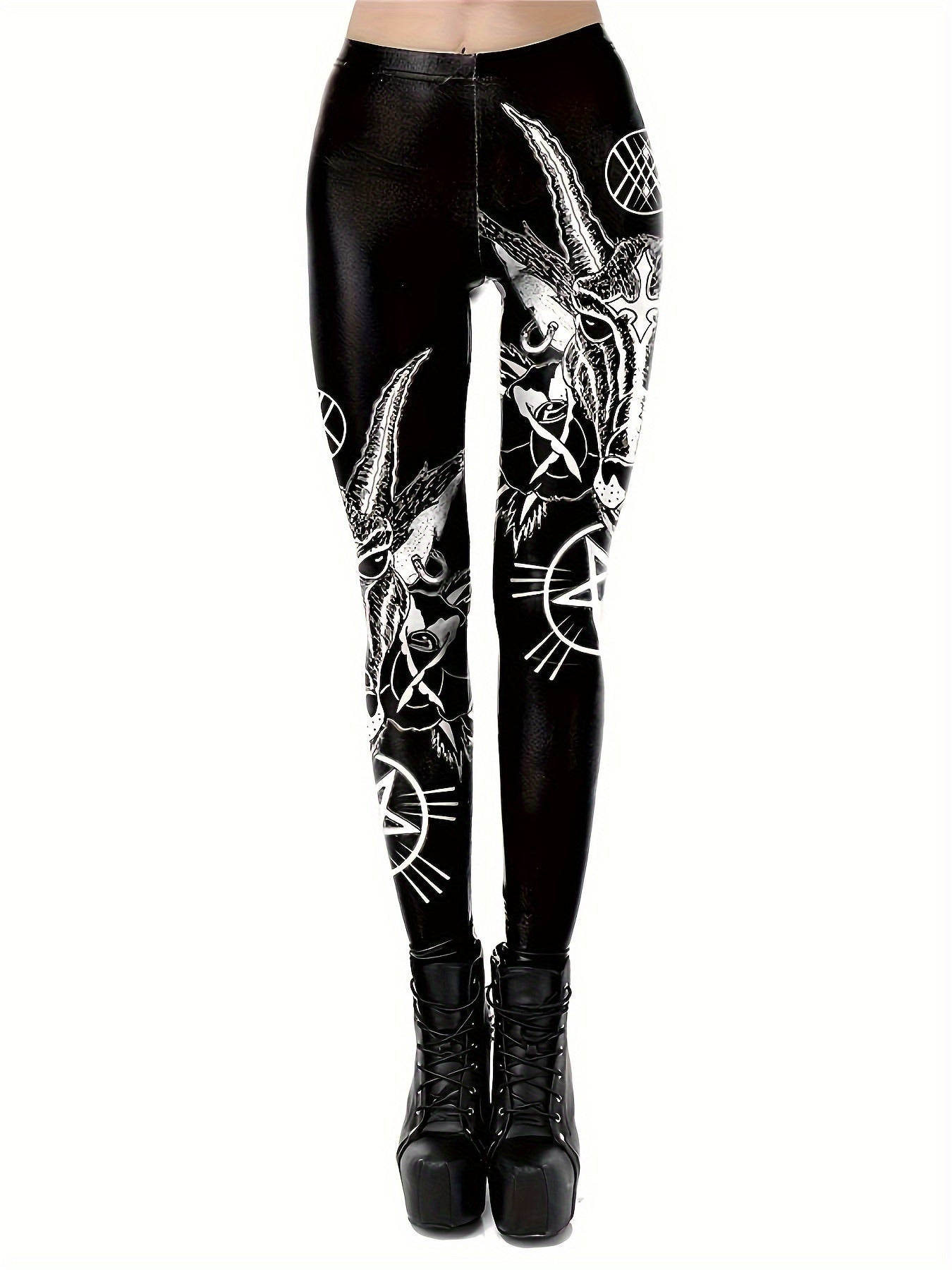 Playful Plus Size Women's Goth Graphic Print High Rise Skinny Trousers