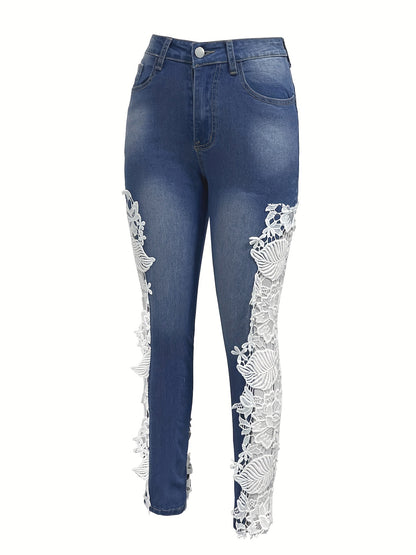 Hollow Out Lace Contrast Jeans, Elegant Fairy Core Skinny Fit Denim Pants, Women's Denim Jeans & Clothing