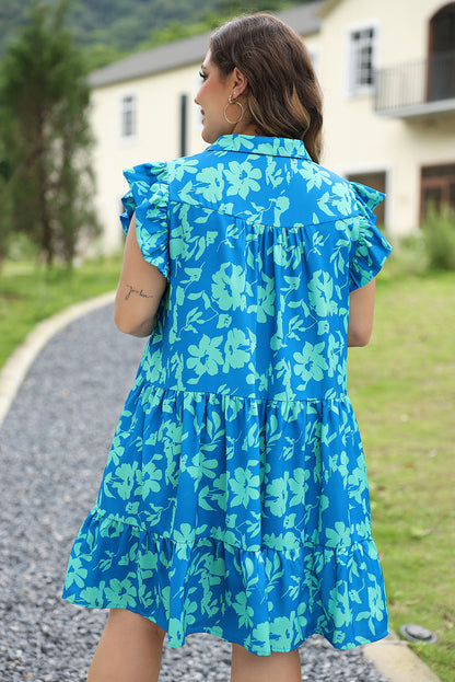 Sky Blue Plus Size Floral Print Flutter Sleeve Buttoned Mini Dress