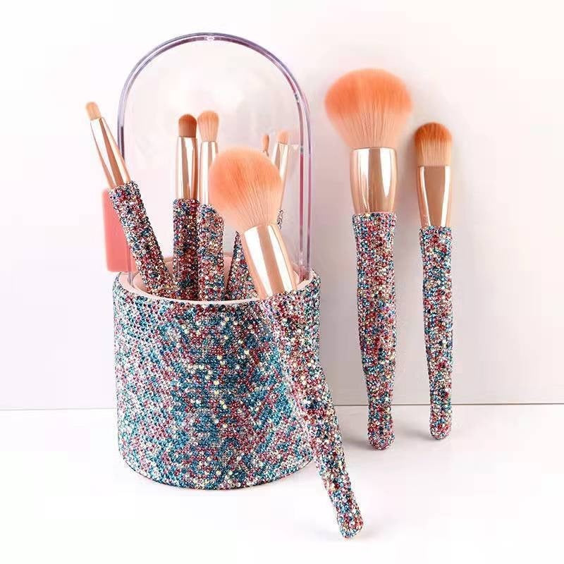 Glamorous Diamond-Embedded Makeup Brush Set - 8 Luxurious Brushes