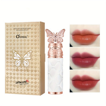 Butterfly Embellished Satin Finish Lipstick Trio - Long Lasting, Natural Look, Suitable for All Skin Types, Versatile Red Shades for Adults - Gift Ready Packaging