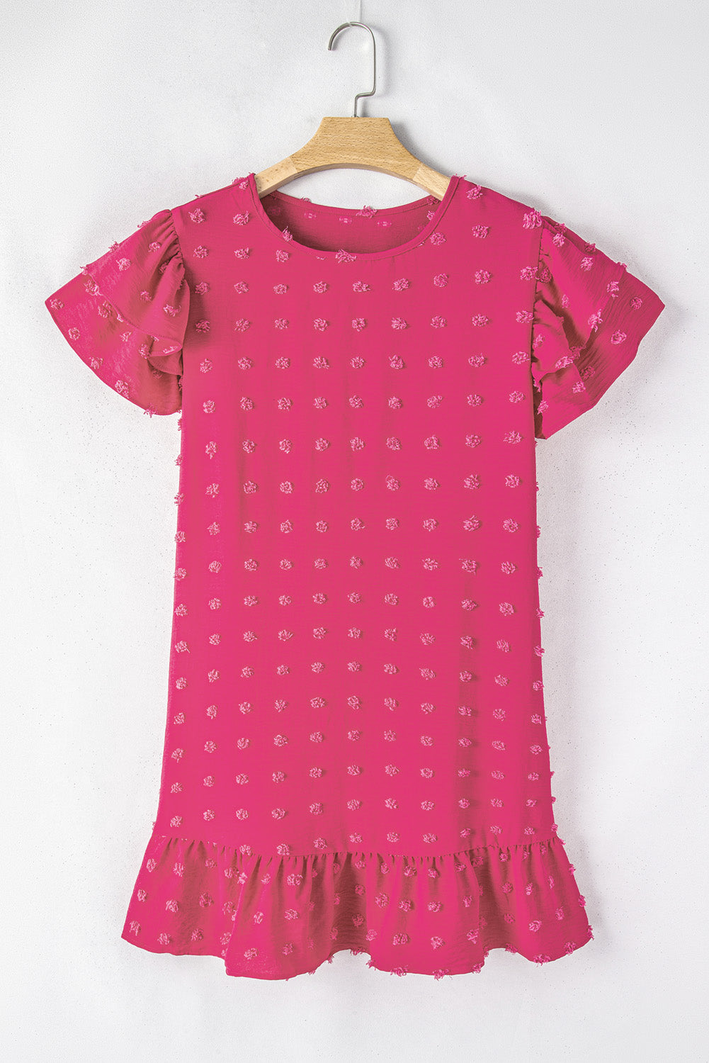 Strawberry Pink Plus Size Jacquard Short Ruffle Sleeve Mini Dress