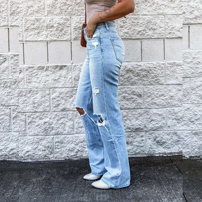 Women's High Waist Vintage Ripped Boot Cut Jeans Street Casual Slim Denim Flared Pants