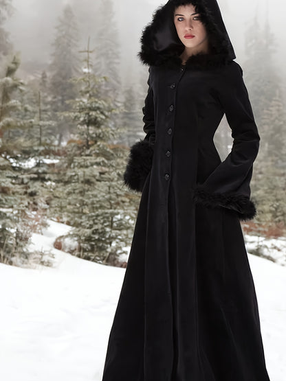 Chic Gothic Lolita Long Hooded Coat with Faux Fur & Corset Detail - Y2K Punk Style