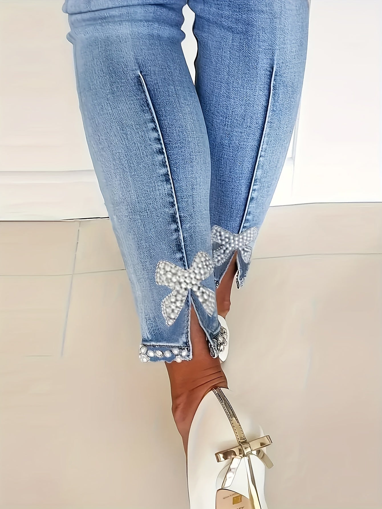 Women's Fashion Rhinestone Bow Embellished High Stretch Denim Jeans, Street Style Skinny Fit, Ankle Length