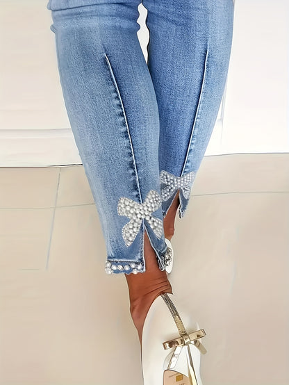 Women's Fashion Rhinestone Bow Embellished High Stretch Denim Jeans, Street Style Skinny Fit, Ankle Length