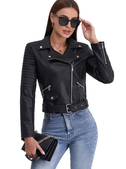 Premium Rugged Leather Womens Biker Jacket - Full-Length Zipper, Trendy Streetwear Style, Long Sleeve, Versatile Outerwear