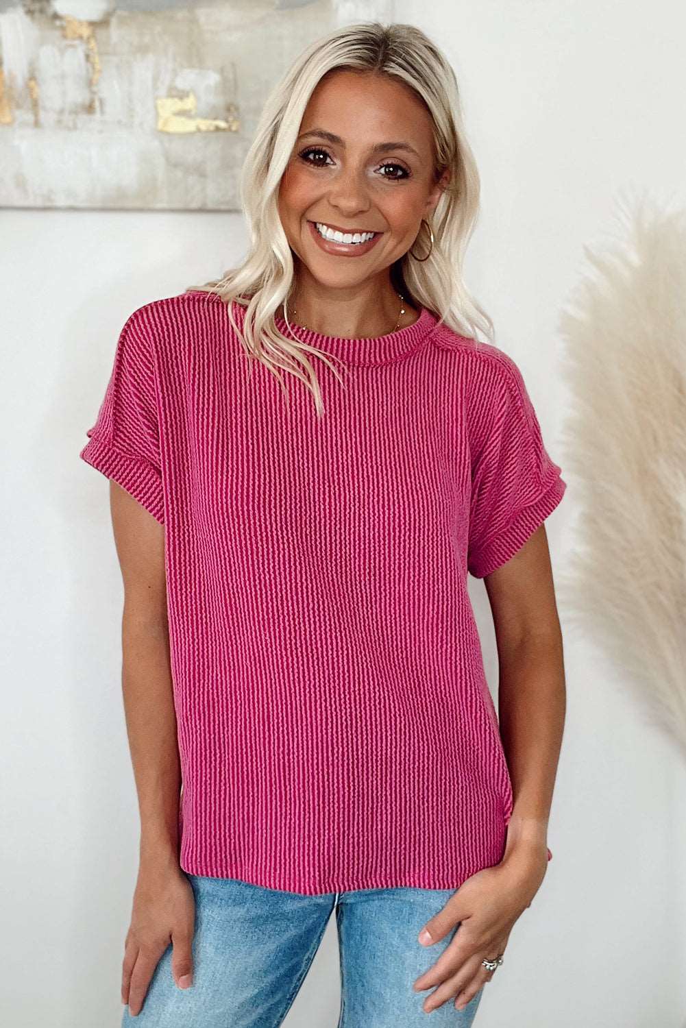 Rose Red Textured Knit Exposed Stitching T-shirt