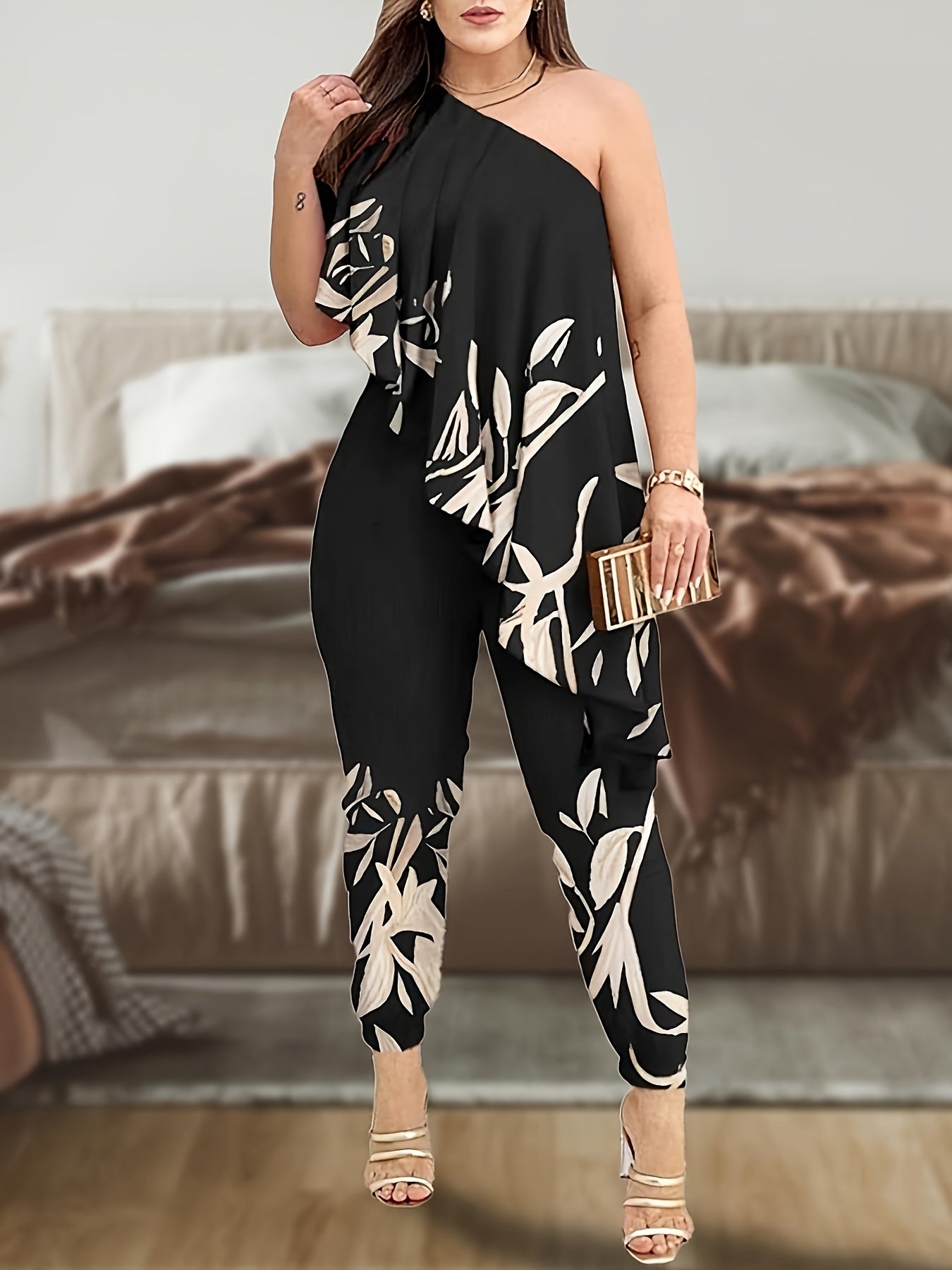 Plus Size Elegant One Shoulder Floral Print Jumpsuit - Asymmetrical Ruffled Design, Medium Stretch Polyester Fabric, Customized Unitard for Spring/Summer/Fall - Womens Casual Plus Size Clothing