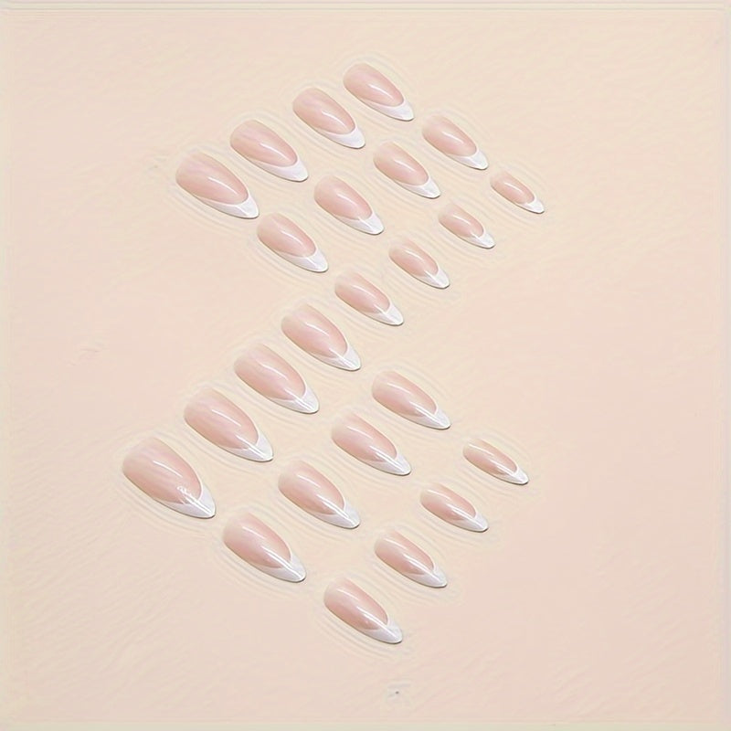 24pcs/set White French Tip Press On Nails Medium Almond Aurora Fake Nails Simple Style Acrylic False Nails Glue On Nails For Women And Girls