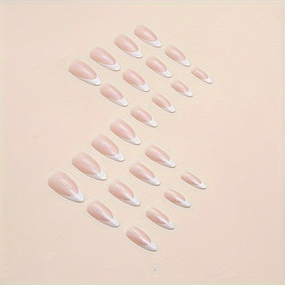 24pcs/set White French Tip Press On Nails Medium Almond Aurora Fake Nails Simple Style Acrylic False Nails Glue On Nails For Women And Girls