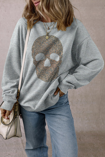 Light Grey Rhinestone Skull Graphic Drop Shoulder Sweatshirt