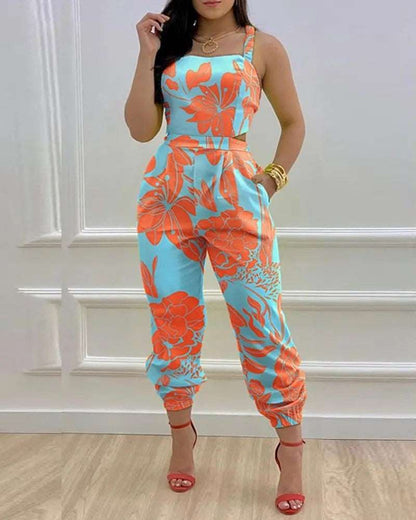 New European and American Open Back Cross Lace Up Bow Print Casual jumpsuit for Women