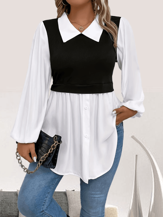 Plus Size Colorblock Polo Collar Blouse