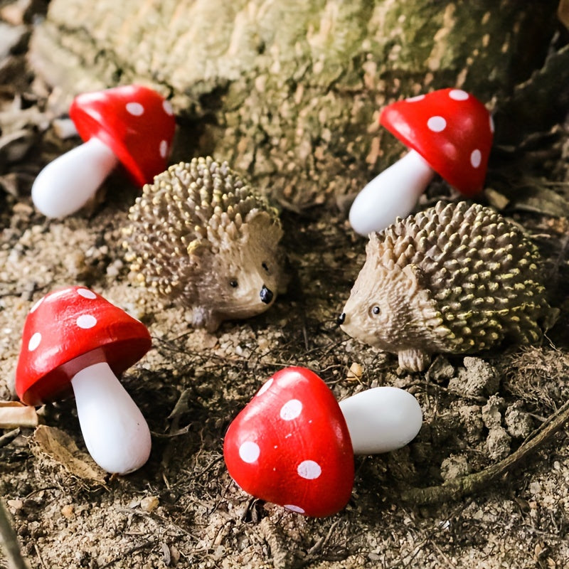 6pcs Fairy Outdoor Garden Animals Figurines, Garden Accessories Resin Hedgehogs And Wood Mushroom Miniature Garden For Plant Pots Craft Decor, Halloween/Thanksgiving Day/Christmas Gift Easter Gift